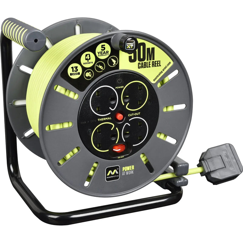 Masterplug Pro XT - 50m, 4 Sockets, 13A, Grey + Green
