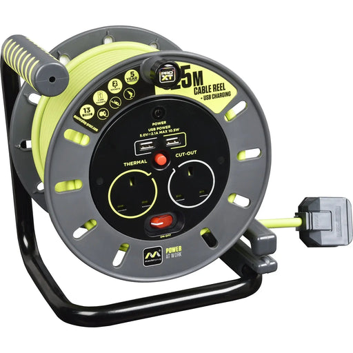 Masterplug Pro XT - 2 x USB A, 25m, 2 Sockets, 13A, Grey + Green