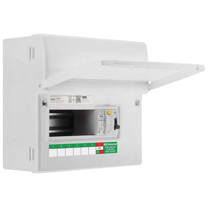 BG Circuit Protection Dual RCD - 9 module, 6 way, 100A Type A RCD, Type 2 SPD