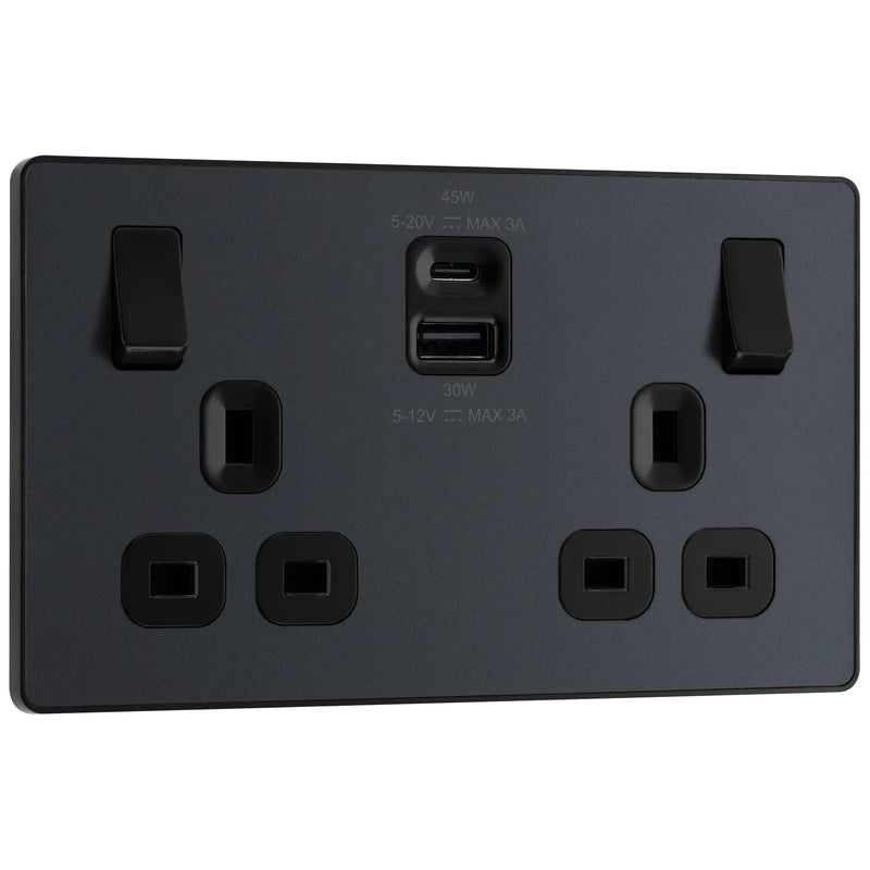BG Electrical Evolve Matt Grey - Double switched single pole, with USB A + C (45W)