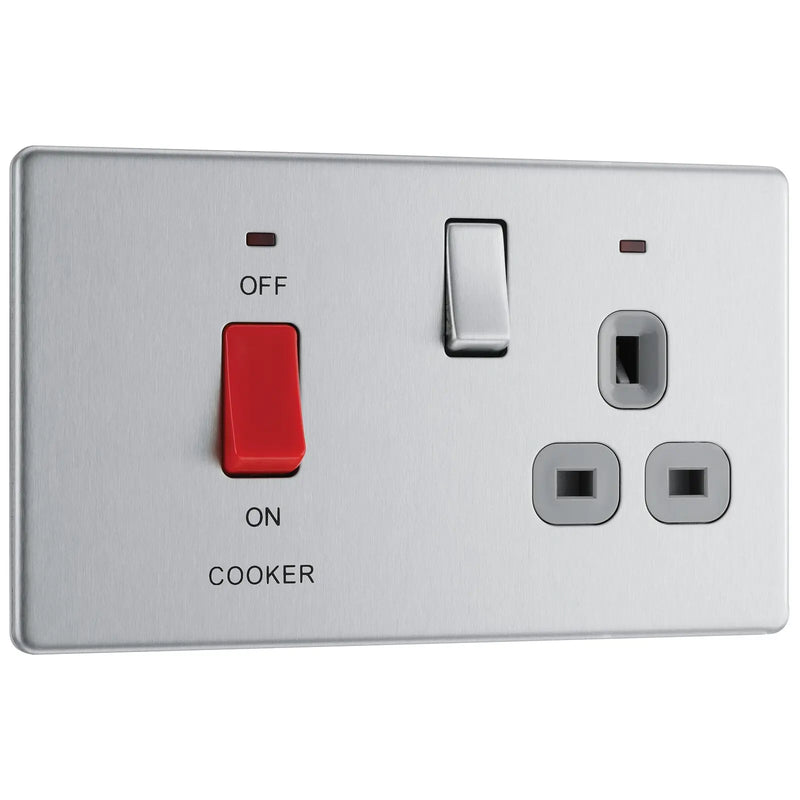 BG Electrical Flatplate Screwless Brushed Steel - 45A double pole, with switched socket and indicators