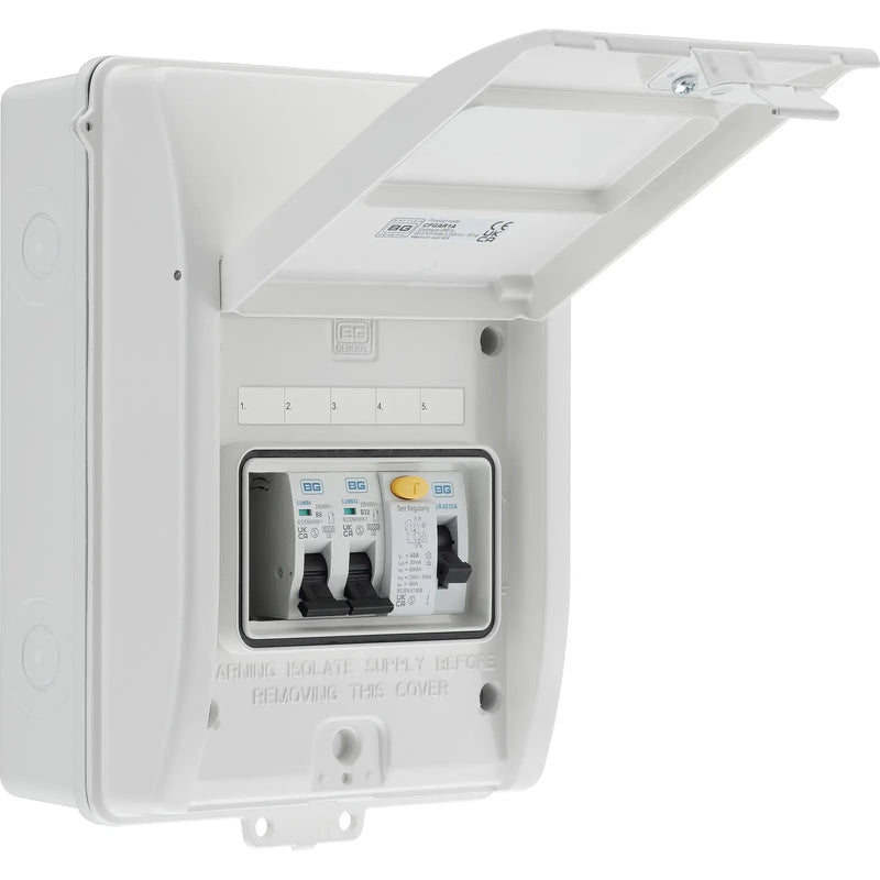 BG Circuit Protection IP65 Weatherproof - 5 module, 3 way, 40A Type A RCD, 2 MCB's