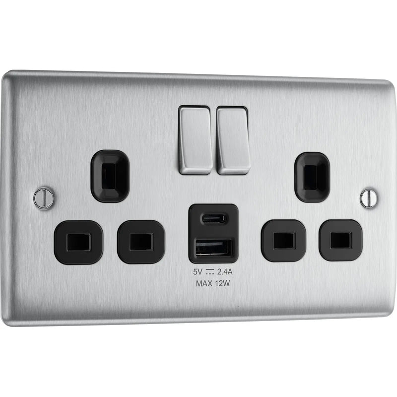 BG Electrical Nexus Metal Brushed Steel - Double switched single pole, with USB A + C (12W)