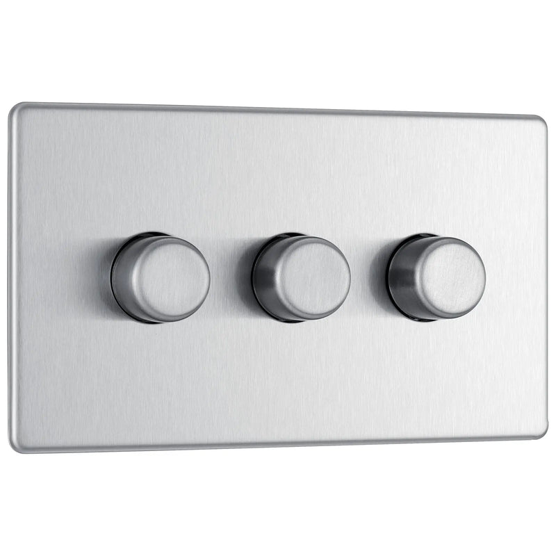 BG Electrical Flatplate Screwless Brushed Steel - Triple 2 way push 200W