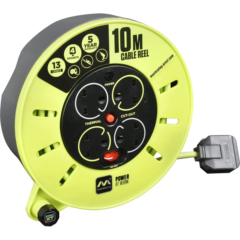 Masterplug Pro XT - 10m, 4 Sockets, 13A, Grey + Green