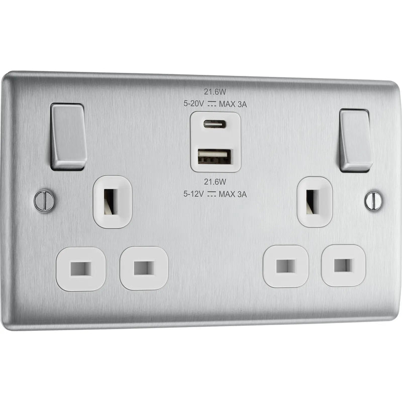 BG Electrical Nexus Metal Brushed Steel - Double switched single pole, with USB A + C (22W)