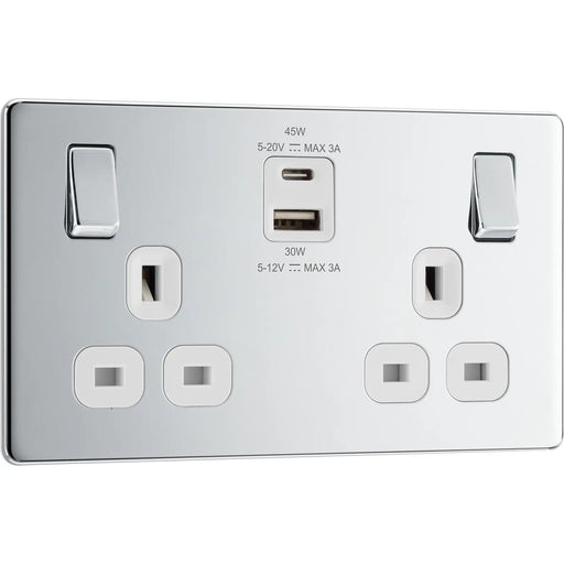 BG Electrical Flatplate Screwless Polished Chrome - Double switched single pole, with USB A + C (45W)