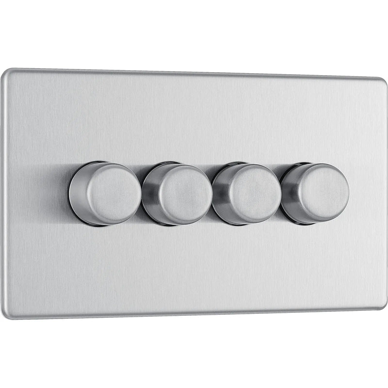 BG Electrical Flatplate Screwless Brushed Steel - Quadruple 2 way push 200W
