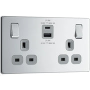BG Electrical Flatplate Screwless Polished Chrome - Double switched single pole, with USB A + C (22W)