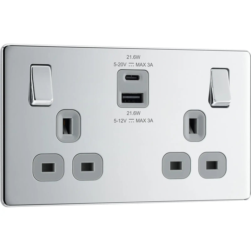BG Electrical Flatplate Screwless Polished Chrome - Double switched single pole, with USB A + C (22W)