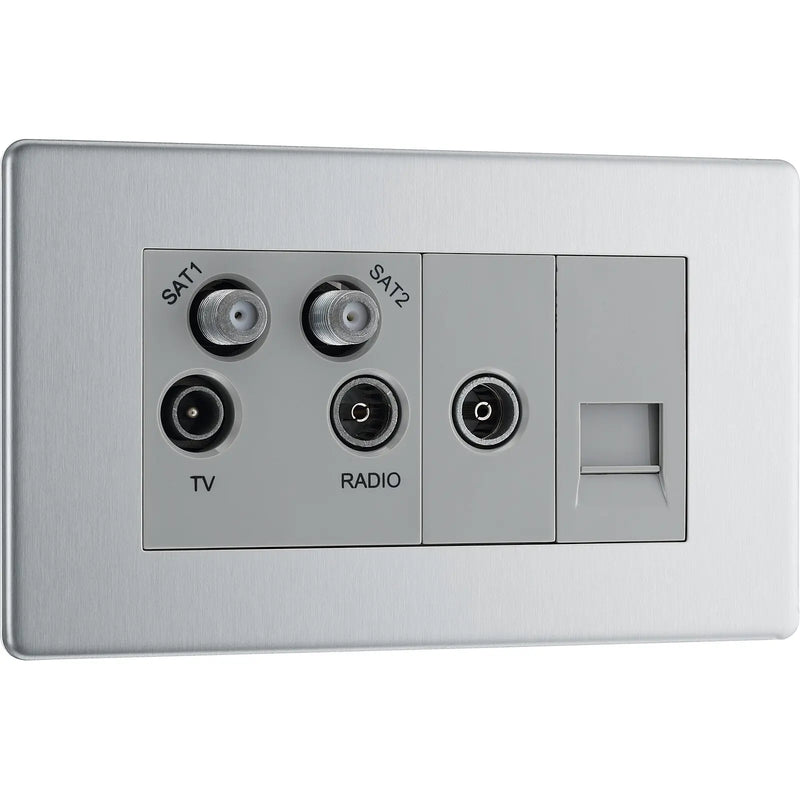 BG Electrical Flatplate Screwless Brushed Steel - Quadplex, 2 x sat, BT outlet and co-ax returned - screened