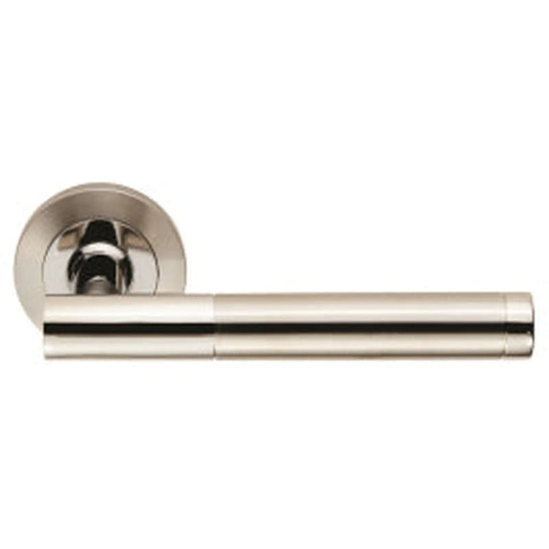 Philadelphia Lever On Sprung Screw-On Round Rose - Bright Stainless Steel/Satin Stainless Steel