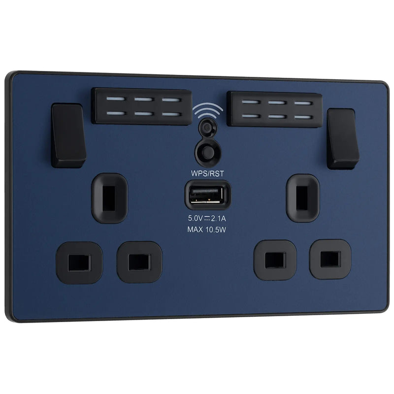 BG Electrical Evolve Matt Blue - Double, switched, single pole, WiFi Extender + USB A