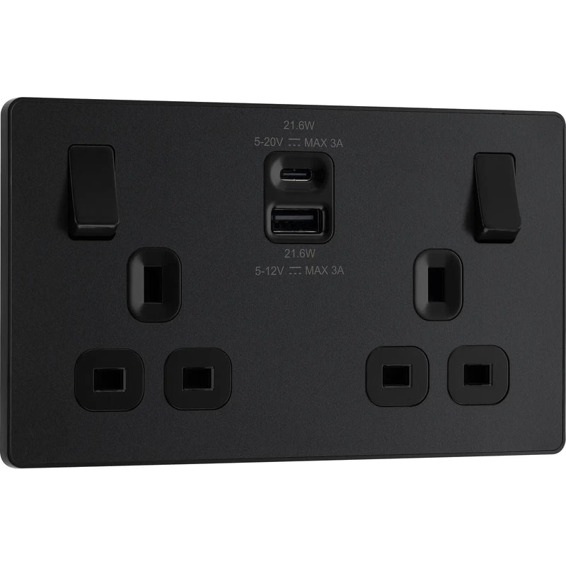 BG Electrical Evolve Matt Black - Double switched single pole, with USB A + C (22W)
