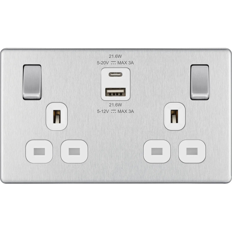 BG Electrical Flatplate Screwless Brushed Steel - Double switched single pole, with USB A + C (22W)