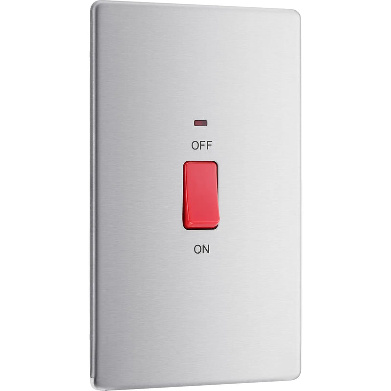 BG Electrical Flatplate Screwless Brushed Steel - 45A, double pole, large plate, with indicator