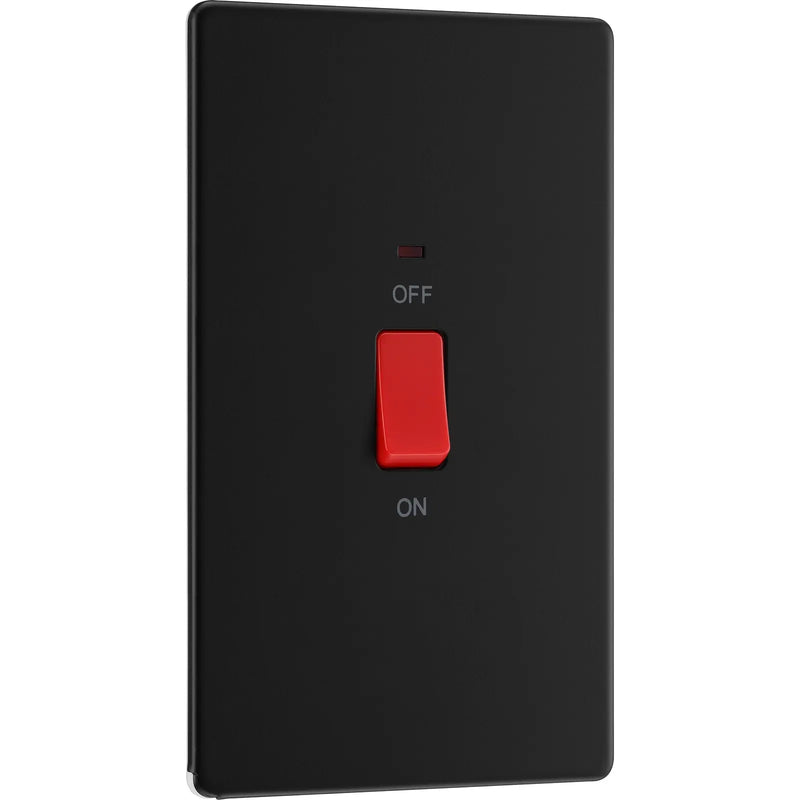 BG Electrical Flatplate Screwless Matt Black - 45A, double pole, large plate, with indicator