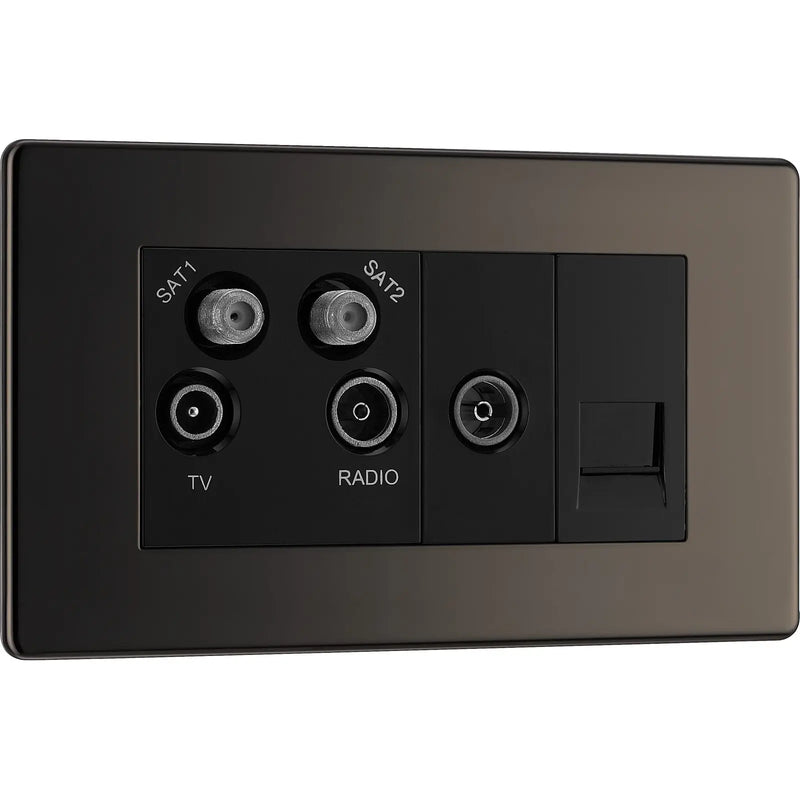 BG Electrical Flatplate Screwless Black Nickel - Quadplex 2 x sat, BT outlet and co-ax returned - screened