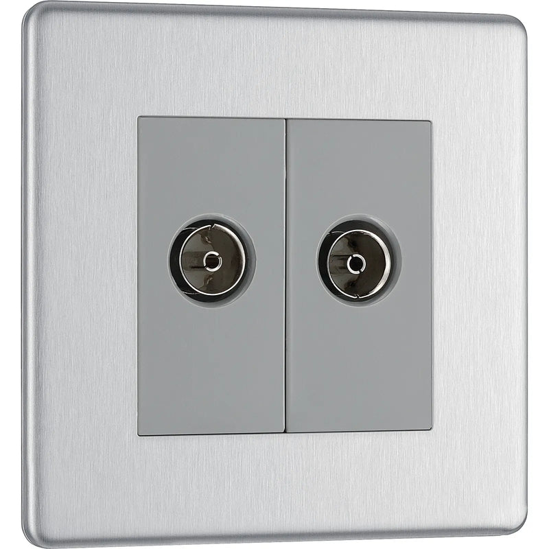 BG Electrical Flatplate Screwless Brushed Steel - Double, TV/FM