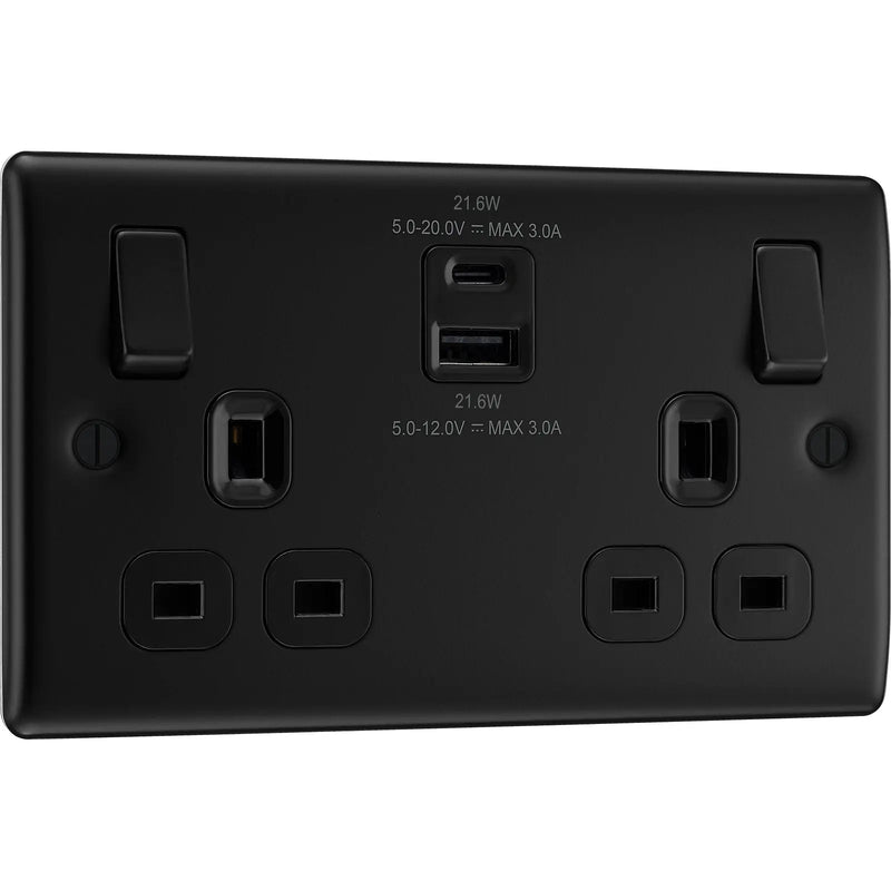 BG Electrical Nexus Metal Matt Black - Double switched single pole, with USB A + C (22W)