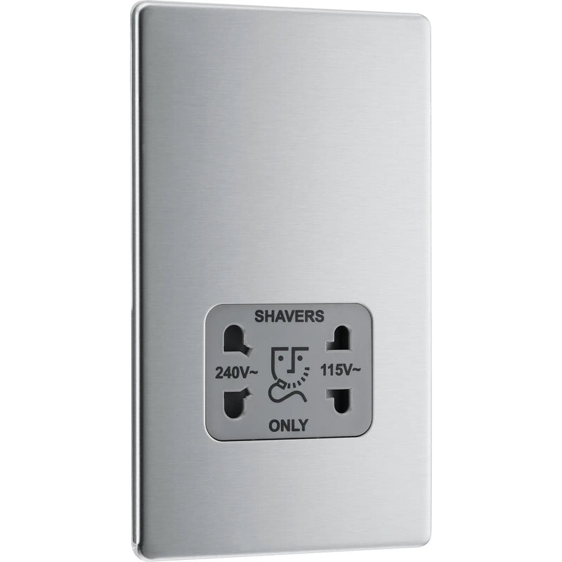 BG Electrical Flatplate Screwless Brushed Steel - 115/240V dual voltage shaver socket
