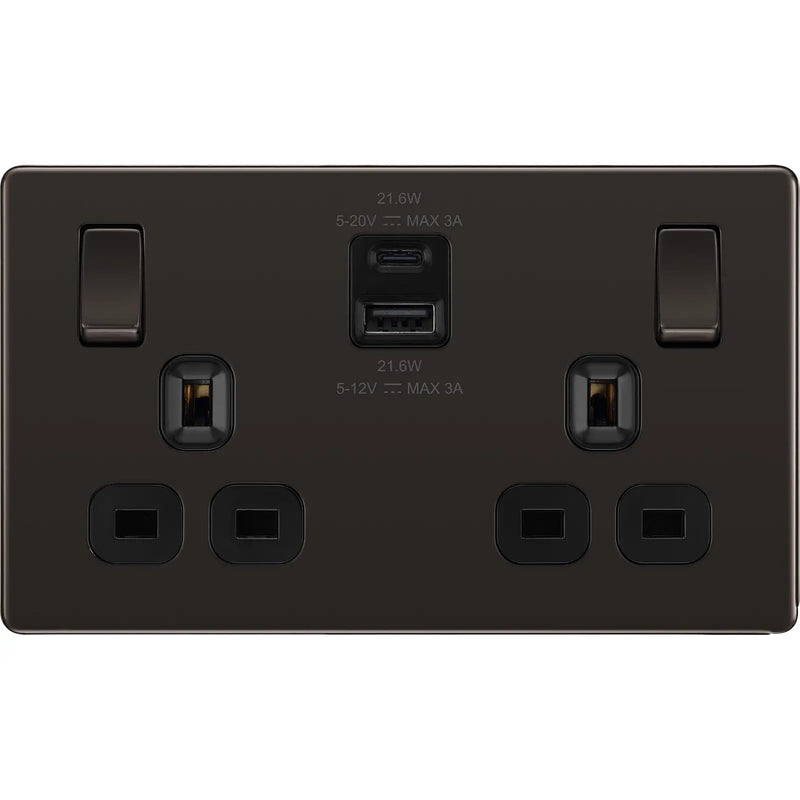 BG Electrical Flatplate Screwless Black Nickel - Double switched single pole, with USB A + C (22W)