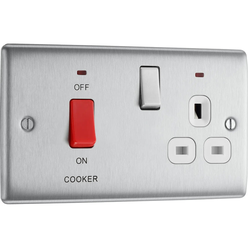 BG Electrical Nexus Metal Brushed Steel - 45A double pole, with switched socket and indicators