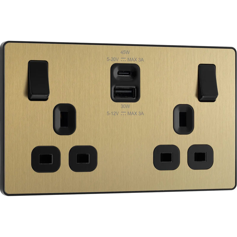 BG Electrical Evolve Satin Brass - Double switched single pole, with USB A + C (45W)