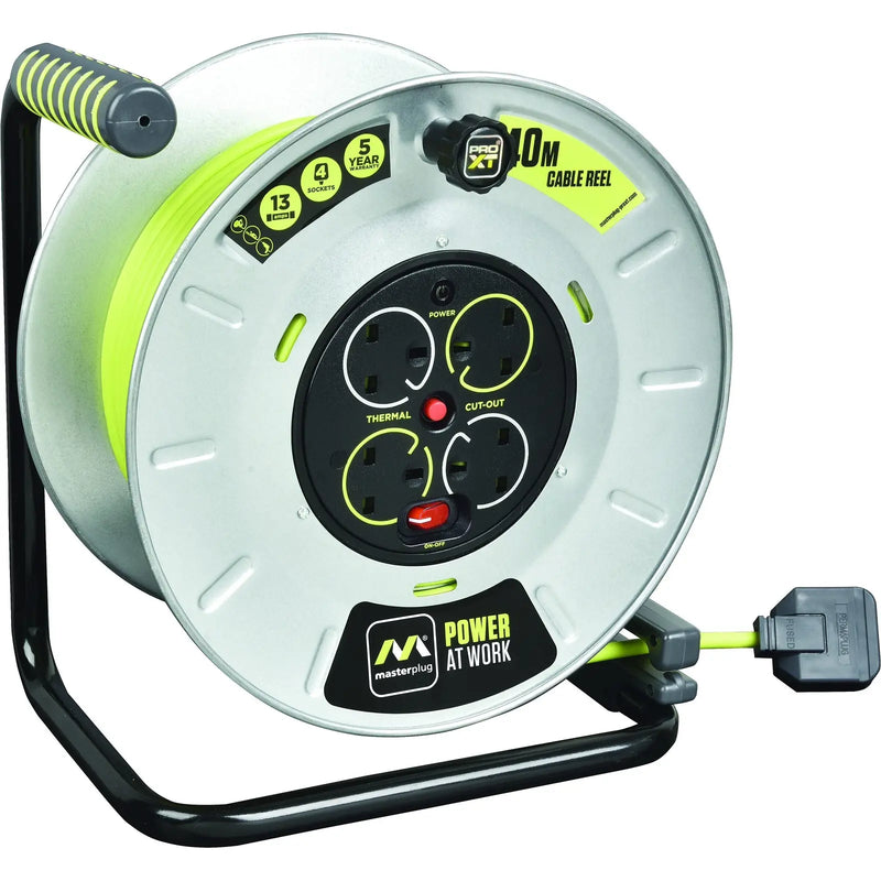 Masterplug Pro XT - 40m, 4 Sockets, 13A, Grey + Green