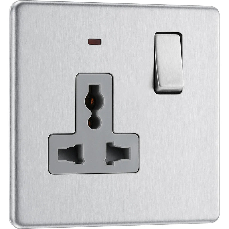 BG Electrical Flatplate Screwless Brushed Steel - Single, switched, universal with indicator (export only)