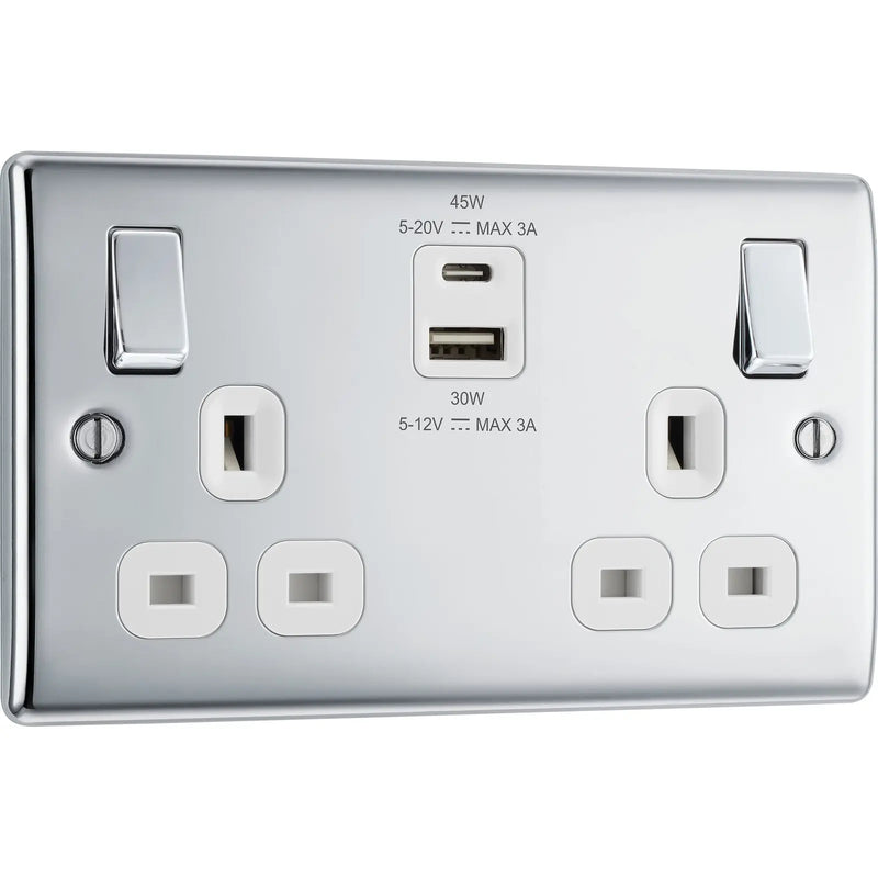 BG Electrical Nexus Metal Polished Chrome - Double switched single pole, with USB A + C (45W)