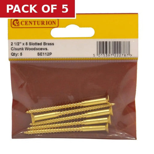 Centurion 2 1/2" x 8 Slotted Brass Woodscrew - Countersunk Head - (Pack of 5)