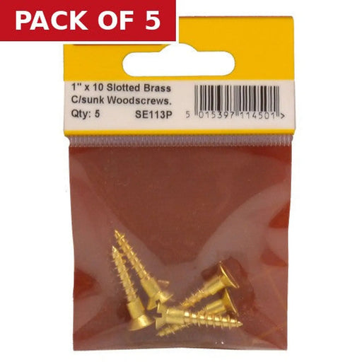 Centurion 1" x 10 Slotted Brass Woodscrew - Countersunk Head - (Pack of 5)