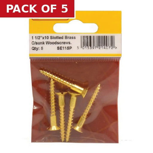 Centurion 1 1/2" x 10 SC Slotted Brass Woodscrews with Countersunk Head (Pack of 5)