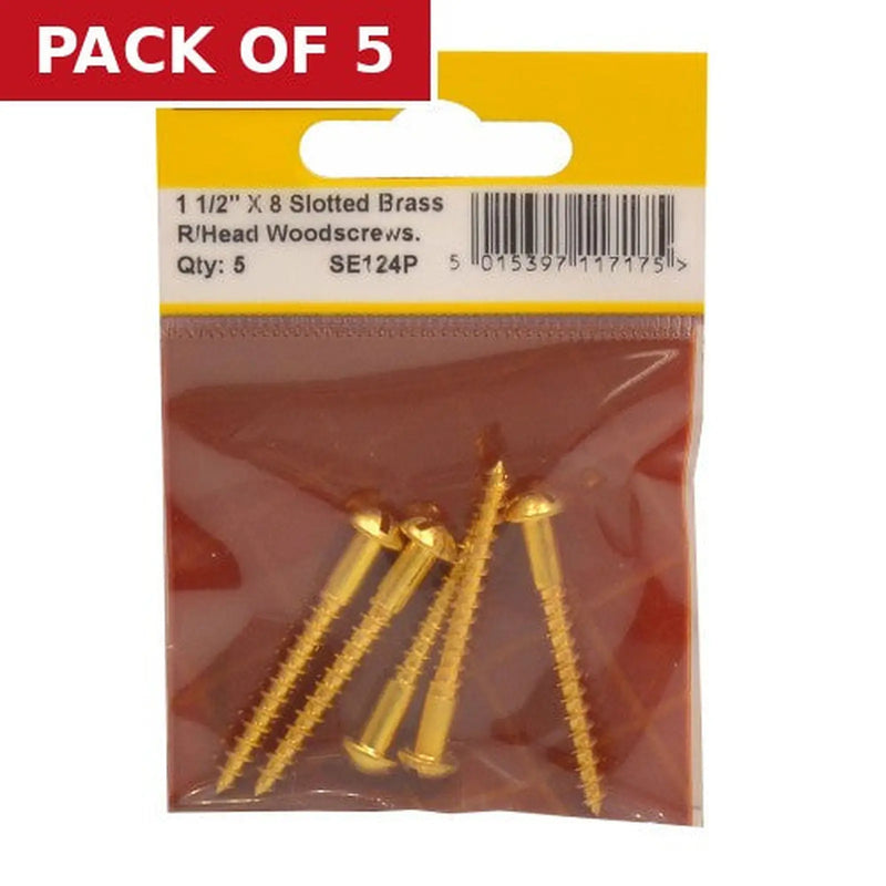 Centurion 1 1/2" x 8 Slotted Round Head Woodscrew - Solid Brass - (Pack of 5)