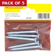 Centurion 2 1/2" x 12 ZP Cross Recessed Hardened Twin Thread Woodscrews with Countersunk Head (Pack of 5)