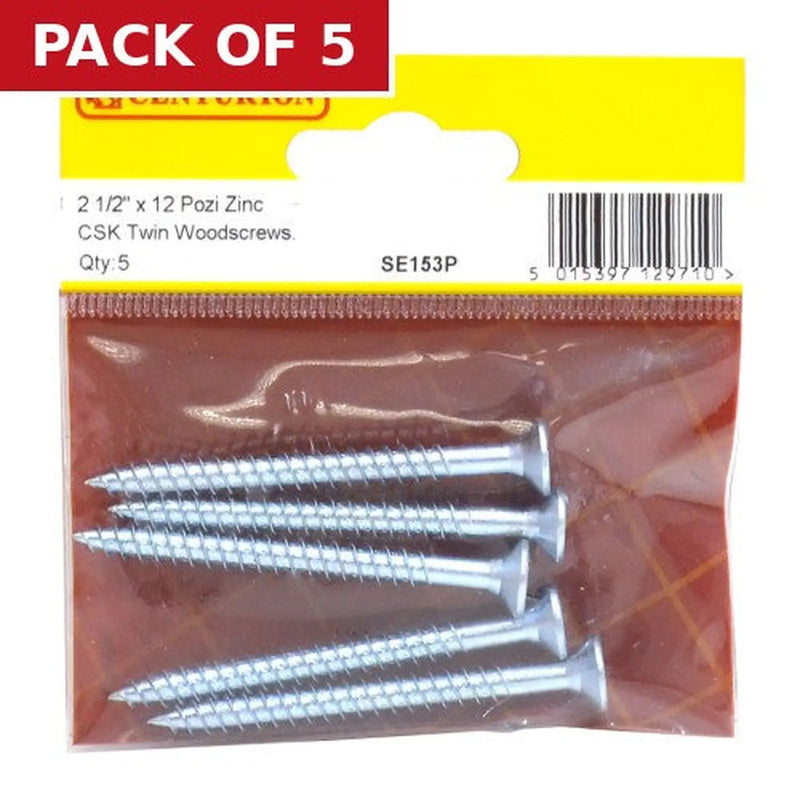 Centurion 2 1/2" x 12 ZP Cross Recessed Hardened Twin Thread Woodscrews with Countersunk Head (Pack of 5)