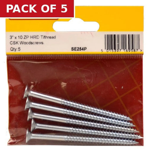 Centurion 3" x 10 ZP Cross Recessed Hardened Twin Thread Woodscrews with Countersunk Head (Pack of 5)