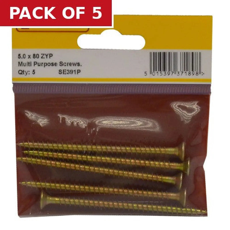 Centurion 5mm x 80mm ZYP Multi Purpose Single Thread Countersunk Pozi Screws (Pack of 5)