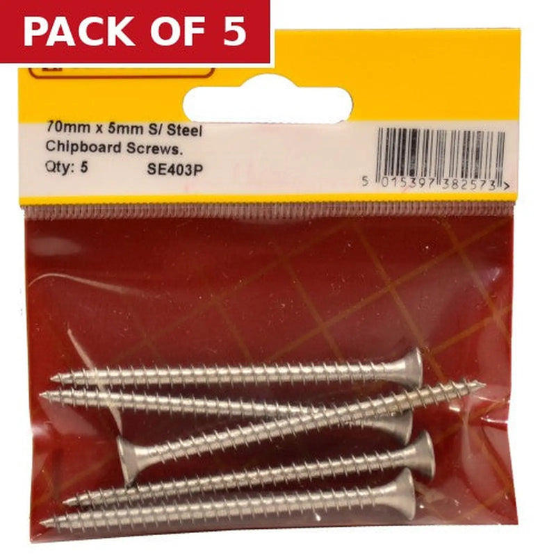 Centurion 5mm x 70mm Stainless Steel Chipboard Screws CRCS Head Countersunk (Pack of 5)