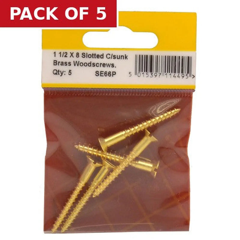 Centurion 1 1/2" x 8 Slotted Brass Woodscrew - Countersunk Head - (Pack of 5)