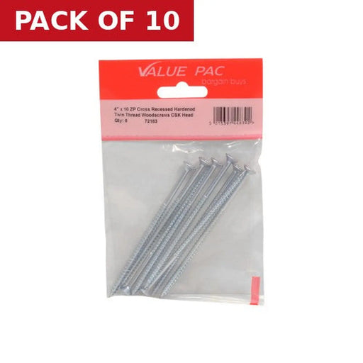 Centurion 4" x 10 ZP Cross Recessed Hardened Twin Thread Woodscrews with - Pack of 10