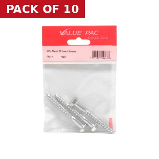 Centurion M8 x 70mm ZP Coach Screws (Pack of 2) - Pack of 10