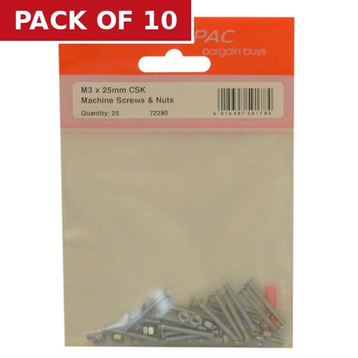 Centurion M3 x 25mm ZP Machine Screws & Nuts CSK - Pack of 10