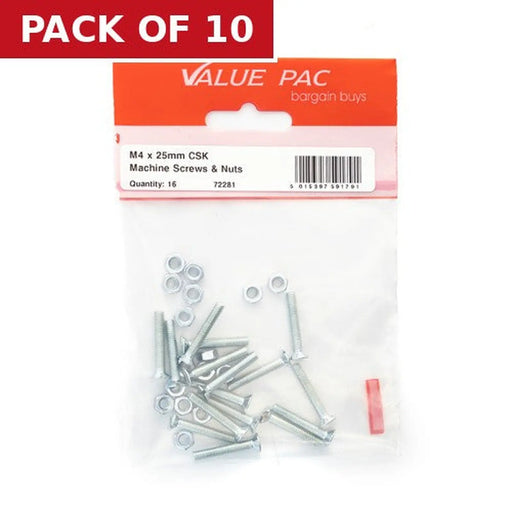 Centurion M4 x 25mm ZP Machine Screws & Nuts CSK - Pack of 10