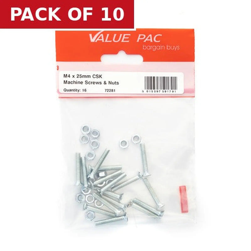 Centurion M4 x 25mm ZP Machine Screws & Nuts CSK - Pack of 10