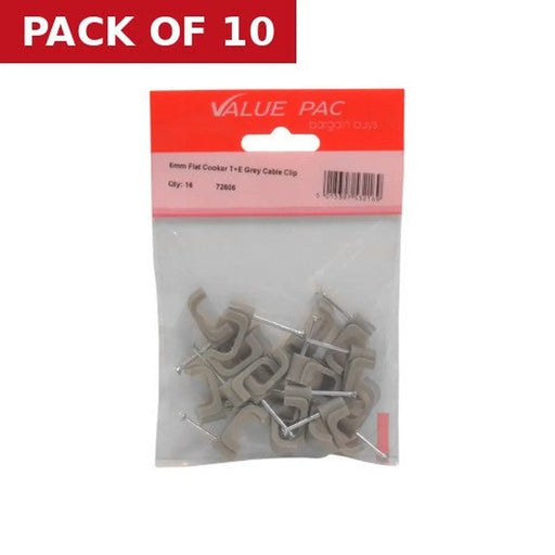 Centurion 6mm Flat Cooker T+E Grey Cable Clip 16pk - Pack of 10