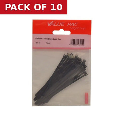 Centurion 100mm x 2.5mm Black Cable Ties 25pk - Pack of 10