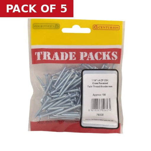 Centurion Pozi Twinthread Countersunk Woodscrews - Zinc Plated - 1 1/4" x 6 - - Pack of 5