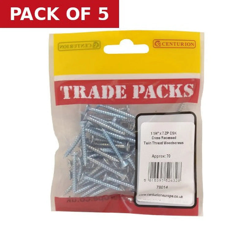 Centurion Pozi Twinthread Countersunk Woodscrews - Zinc Plated - 1 1/4" x 7 - - Pack of 5